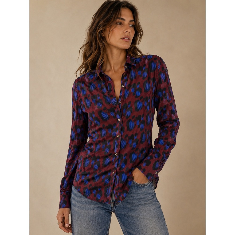 J.Crew Womens Shirt 4 Burgundy Blue Leopard Silk Blend Perfect Button Down E2665
